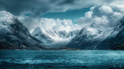 a breathtaking view of a coastal fjord, with snow-capped mountains towering above the deep blue waters