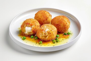 Golden-brown Arancini with Chicken Stock, Fresh Mozzarella, and Peas