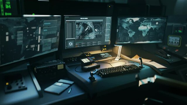 Spy Satellite Control System Analyzing Location Security For Covert Mission. Mission Target Analysis. Software Inspects Security For Mission. Ship Position Security Analysis. Mission Surveillance