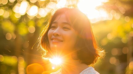 Fototapeta premium A woman smiles warmly, touched by golden sunlight in a field.