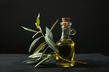 Olive Oil with Leaves Against a Black Background