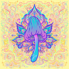 Magic mushrooms mandala. Psychedelic hallucination. Vibrant trippy vector illustration. 60s hippie colorful art. Hand drawn design in ethnic Indian style. Mystic abstract hippie yoga mat design.