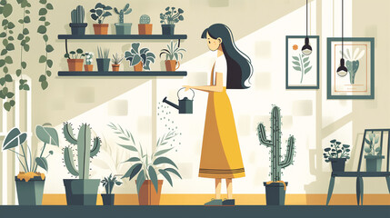 A woman is watering plants in a kitchen. The plants are in various sizes and shapes, and they are placed on shelves and countertops. The woman is wearing an apron and she is focused on her task