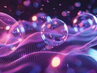 Close-up of transparent glass spheres on a glowing neon surface with purple and pink lights.
