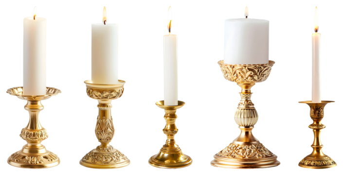 Candle, golden, holder, isolated, PNG set