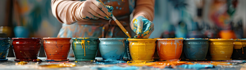 A woman capturing the creativity and craftsmanship of painting ceramics   Photo realistic concept depicting colorful and tactile hobby.
