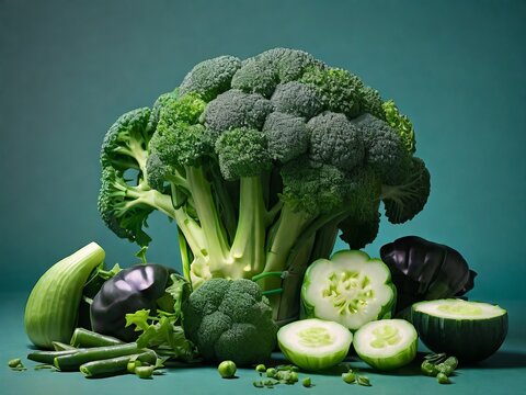 An arrangement of broccoli, green beans, and sliced cucumber on a green-tinted background.
