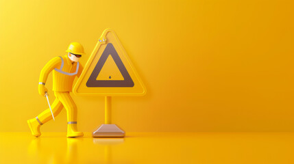 3D rendered image of a worker in yellow safety gear placing a caution sign.