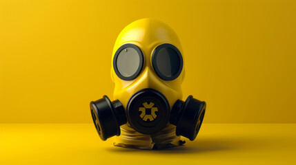 Yellow gas mask displayed against a matching yellow background, highlighting themes of protection and industrial safety.