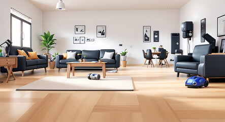 A wireless simple futuristic vacuum cleaner or hoover cleaning machine robot in a living room with copy space , a wide banner design with indoor lightings, selective focus
