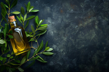 Olive Oil with Leaves Against a Dark Background