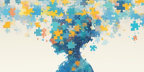 Colorful puzzle pieces coming together to form the profile of an adult head, symbolizing mental health and mystery in people's minds