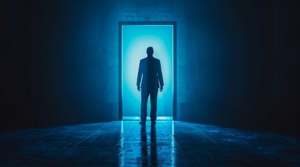 The dark figure standing in front of the glowing door