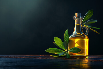 Olive Oil with Leaves Against a Dark Background