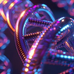 3D rendering of glowing purple and blue helix. Abstract digital background.