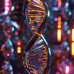 The image is a 3D rendering of a DNA double helix