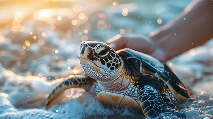 Conservationist releasing sea turtle into ocean, triumph in wildlife protection