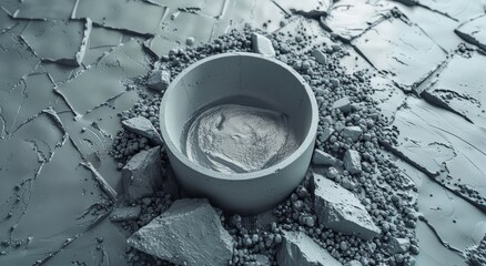Close-up of a bowl with textured stones on rough terrain in monochromatic colors.