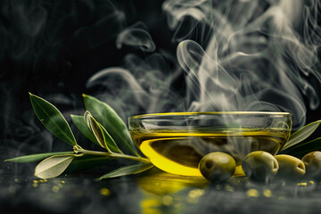 Olive Oil with Leaves Surrounded by Smoke Against Black Background