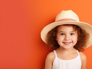 Coral background Happy european white child realistic person portrait of young beautiful Smiling child Isolated on Background Banner with copyspace blank empty copy space