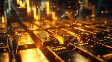 Double exposure of gold bars and bullish trading charts