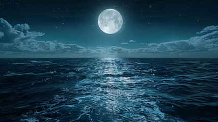 a mystical seascape with a full moon casting a silvery path across the dark ocean