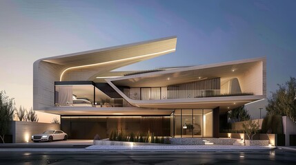 Obraz premium a twinhouse facade in the UAE, adorned with asymmetric arches, vertical louvers, and stone cladding.