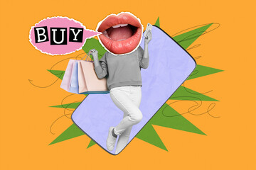 Creative collage picture young woman headless mouth caricature smartphone online shopping black...