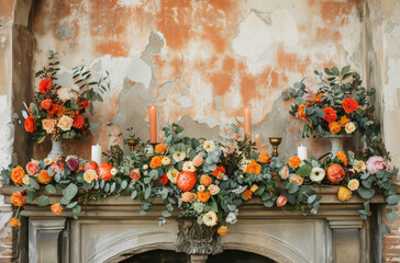 A mantelpiece decorated with a variety of flowers and candles.