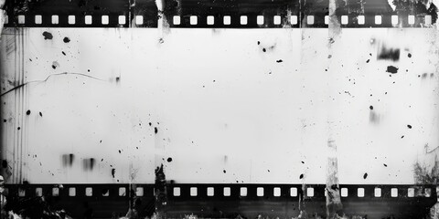 A blank white film strip with grunge texture on the edges on white background. vintage grunge film ,  dirty gritty analog vignette border, scratched and streaked negative strip