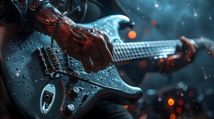 Excitement and Creativity: Man Playing Electric Guitar in Realistic Photo Highlighting Musical...