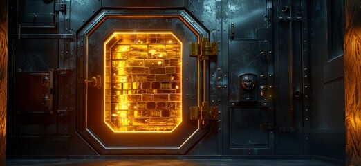 The image is a dark, mysterious door with a glowing orange light coming from the cracks. The door is made of metal and has a keypad on it.