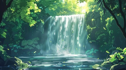 The photo shows a beautiful waterfall in a lush green forest