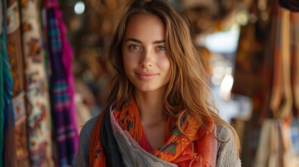 Naklejka premium Refined woman in a vibrant scarf exploring a rustic European market colorful stalls
