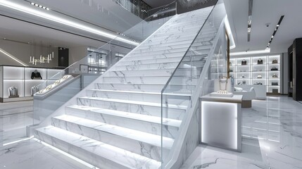 Marble staircase, white marble steps with LED lighting on the sides of each step, glass railings on both sides, polished black and gray natural stone tiles, luxurious interior design.
