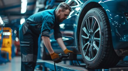 EV car maintenance scene with a mechanic performing an alignment check
