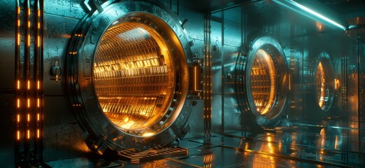 3D rendering of a futuristic spaceship interior with glowing portholes.