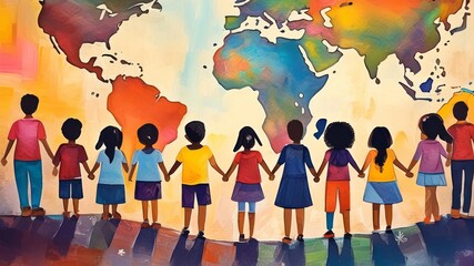 A vibrant and colorful painting depicting children holding hands in unity against a textured world map background.