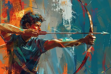 A young man with a bow and arrow takes aim at his target.