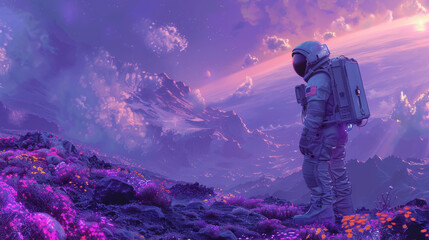 An astronaut in a purple spacesuit stands on a distant planet and gazes at the horizon.