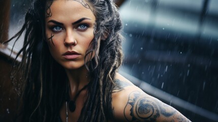 A fierce beautiful female viking, black haired, blue eyes, tattoo, braided hair on a viking longship, wet hair