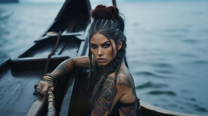 A fierce beautiful female viking, black haired, blue eyes, tattoo, braided hair on a viking longship, wet hair