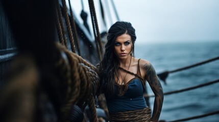 A fierce beautiful female viking, black haired, blue eyes, tattoo, braided hair on a viking longship, wet hair