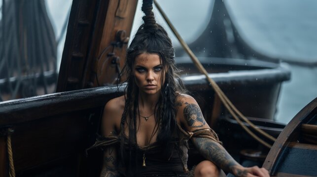 A fierce beautiful female viking, black haired, blue eyes, tattoo, braided hair on a viking longship, wet hair