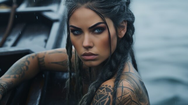 A fierce beautiful female viking, black haired, blue eyes, tattoo, braided hair on a viking longship, wet hair
