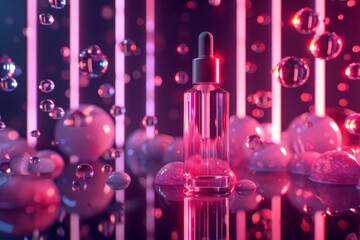 The image is a 3D rendering of a pink glass bottle of perfume