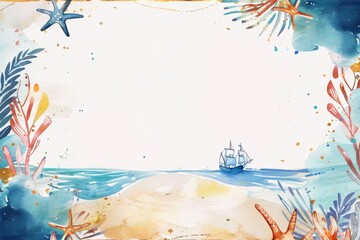夏の海をイメージした水彩画フレーム（背景・暑中見舞い・壁紙）