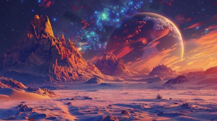 The image is a beautiful landscape of an alien planet