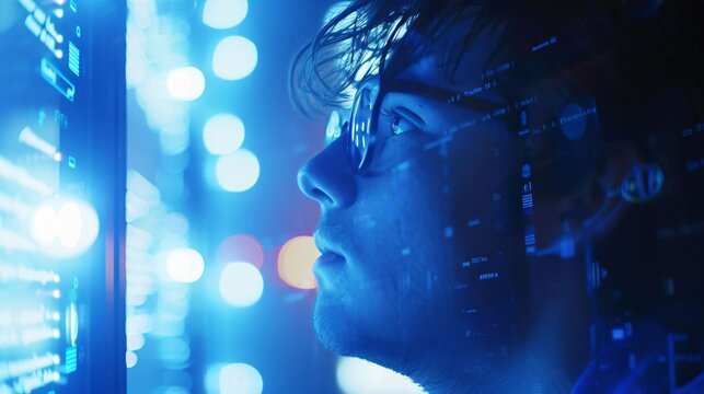 Software developer immersed in blue light from screens coding in languages that drive digital innovation