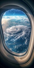 Naklejka premium Aerial view of a majestic cloud formation resembling a spiral storm, seen through an airplane window at high altitude.